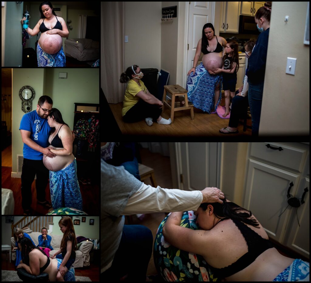 Dani Reed is at the beginning of her labor in the comfort of her own home. She had planned on a hospital birth but because of hospital restrictions due to COVID-19, she chose to have a home birth so her whole birth team could attend. Here she uses a birthing stool, an exercise or labor ball, and a step stool as she works through the contractions.